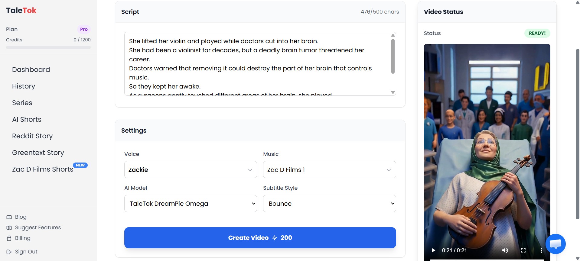 Taletok Quick Editor — format, voice, music, and script settings in one flow